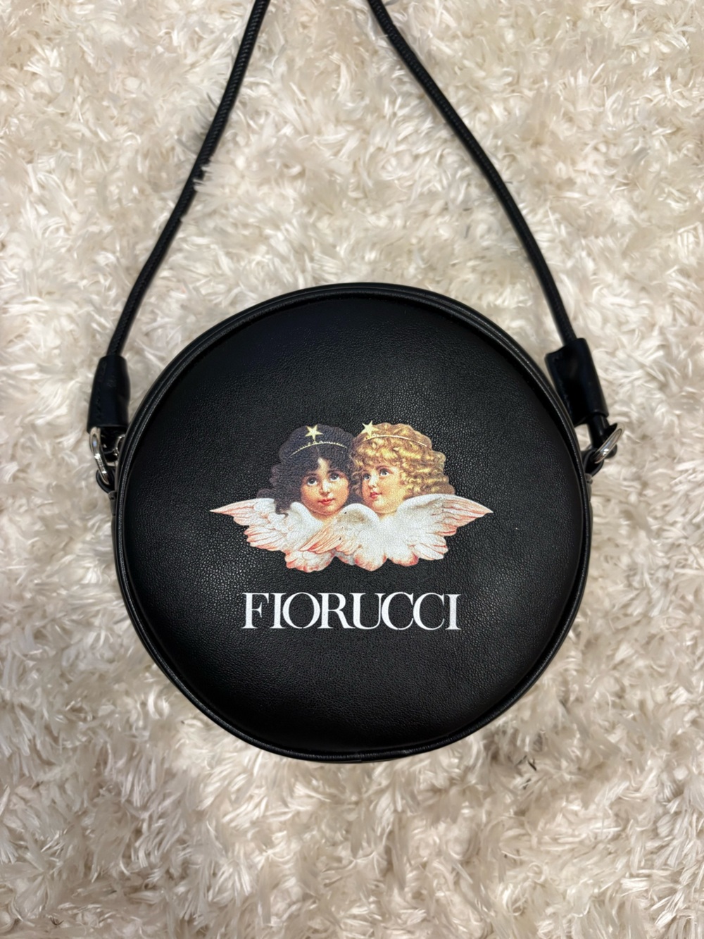 Fiorucci Black Round Crossbody Cherub Motif Purse Crossbody Strap